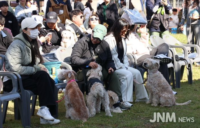 여러 종의 애견들이 주인들과 함께 휴식을 취하고 있다.