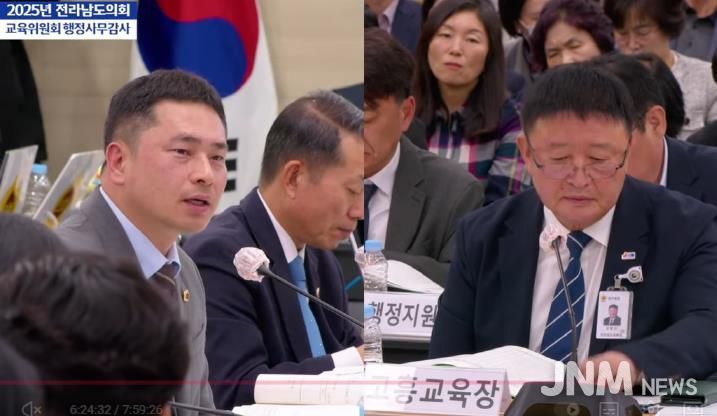 임형석 전남도의원(더불어민주당ㆍ광양1)이 11월 6일, 순천교육지원청에서 열린 행정사무감사에서 고흥교육지원청 권형선 교육장에게 질의하고 있다.