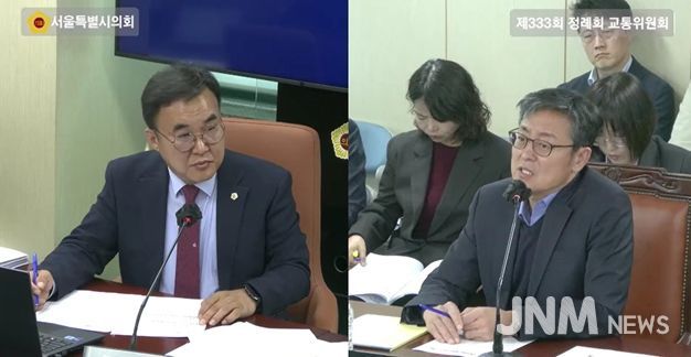 윤기섭 의원(국민의힘·노원5)이 지난 5일 교통위원회 회의실에서 실시된 행정사무감사에서 여장권 교통실장에게 질의를 하고 있다.