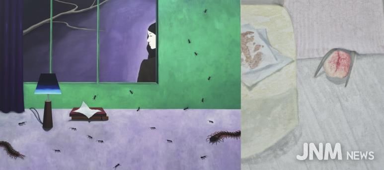 영천예술창작스튜디오 릴레이 개인전 Part 4 참여 작가 작품(왼쪽 노연이 作, Studio 402 / 오른쪽 이체린 作, 무제)