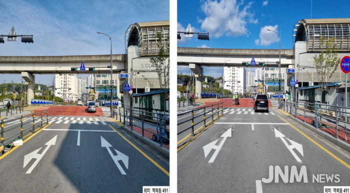 횡단보도와 차량정지선 이격거리를 5m로 확대한 처인구 역북동 491번지의 모습. 사진은 이격거리 확대 전(좌)과 확대 후(우)의 모습.