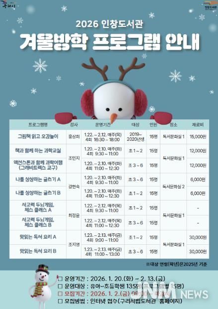 겨울방학이 더 즐거워진다! 구리시 도서관, 풍성한 겨울방학 특강 운영