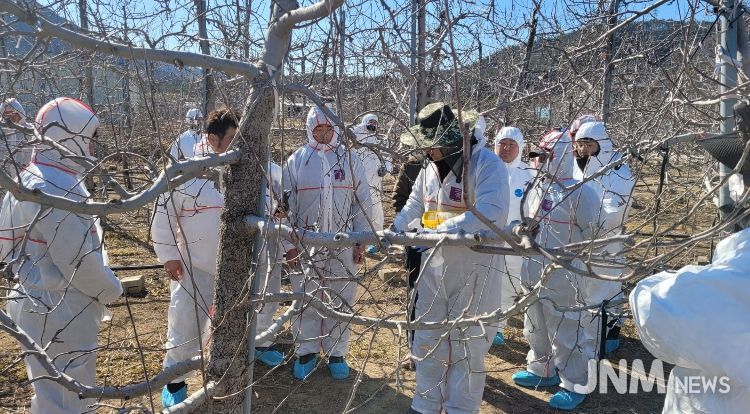 영덕군 농업기술센터가 농가 현장에서 화상병 예찰과 방제 교육을 진행하고 있다.