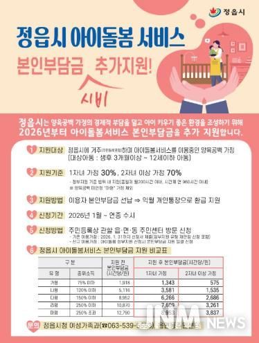 “아이 키우기 좋은 정읍”…올해부터 아이돌봄 본인부담금 최대 70% 지원(포스터).