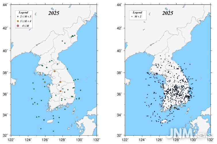 2025년 지진 발생 분포도(왼쪽: 규모 2.0 이상, 오른쪽: 규모 2.0 미만)