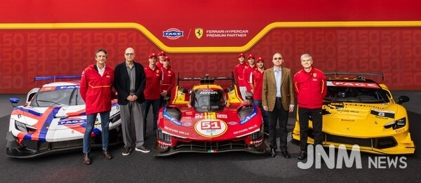 FAGE and Ferrari executives join Ferrari – AF Corse team to celebrate partnership launch. From left to right: Enrico Galliera, Athanassios Filippou, James Calado, Antonio Giovinazzi, Alessandro Pier Guidi, Nicklas Nielsen, Miguel Molina, Antonio Fuoco, Kyros Filippou, Antonello Coletta